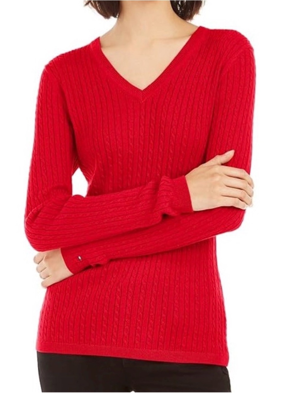 Tommy Hilfiger Red Cable Knit V-Neck Sweater